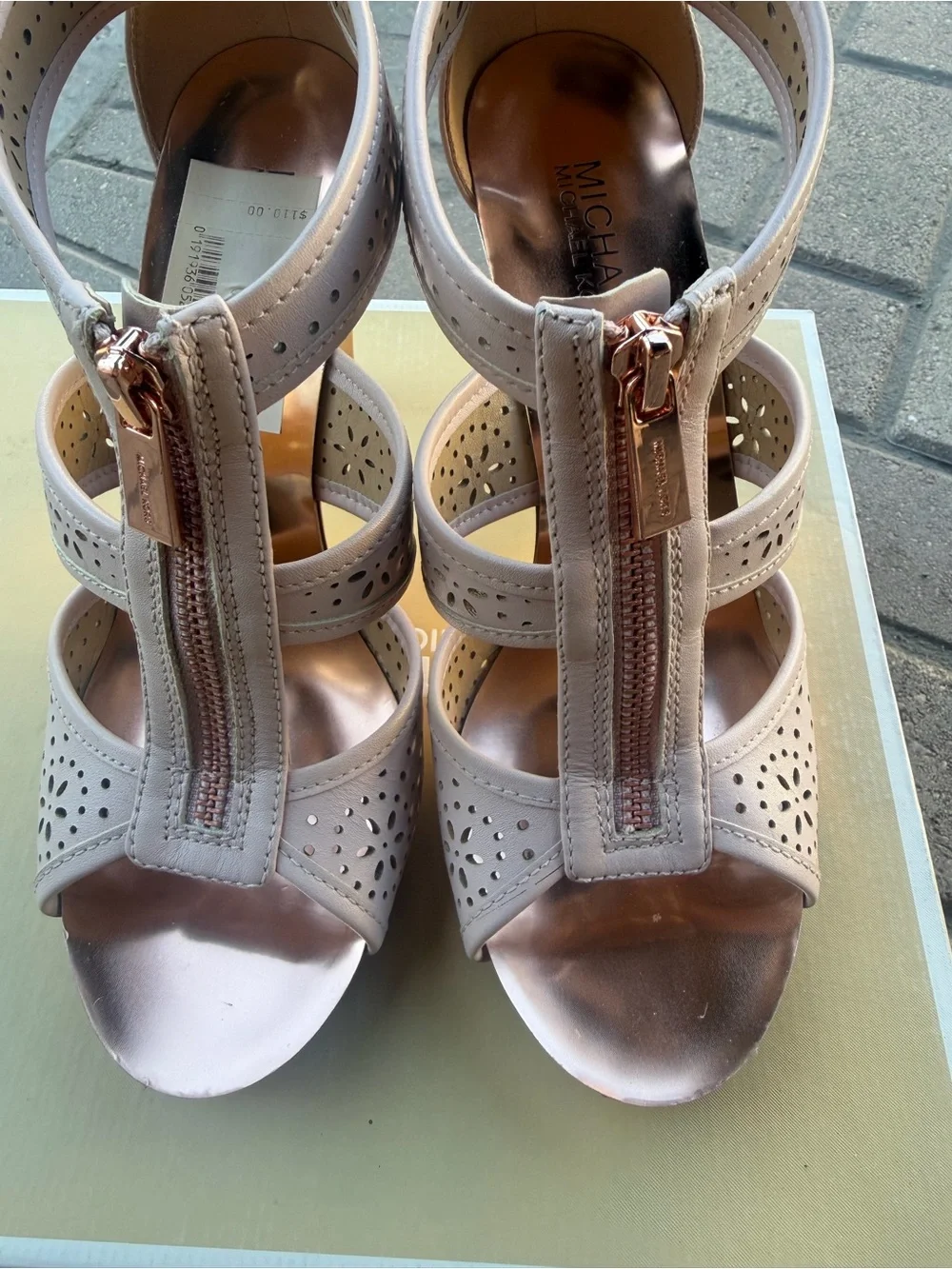 Michael Kors Blush Pink Perforated T-Strap Heels with Rose Gold Heel - Picture 1 of 10